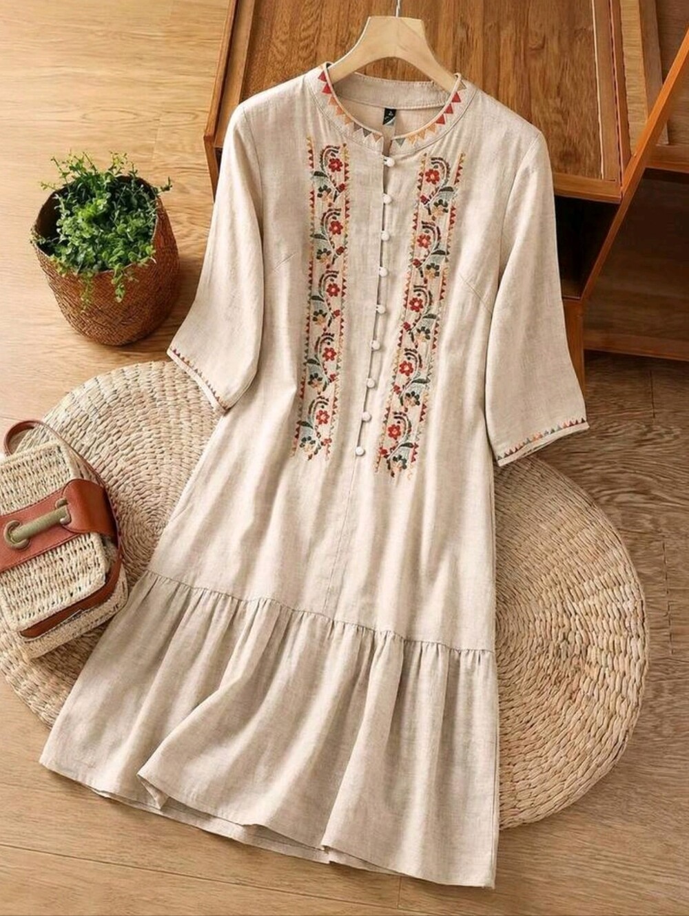 Women's Casual Round Neck Open-Front Button-Down Printed Short-Sleeved - Picture 4 of 6